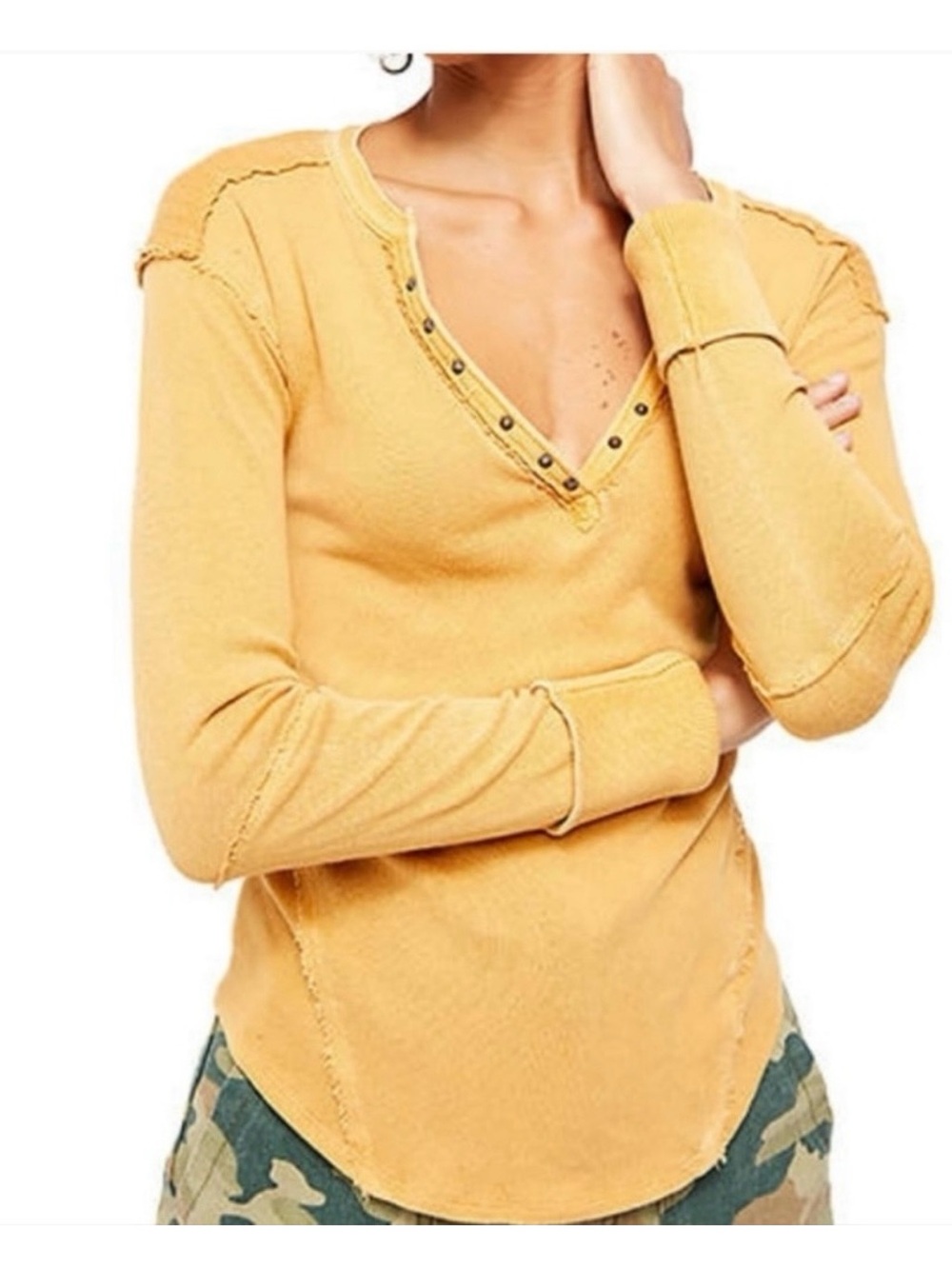 Free People Military Henley V-Neck Long Sleeve Top Mustard Size M